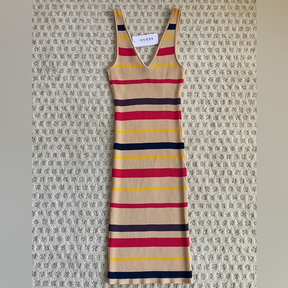 Guess Bodycon Tank Dress, Tan, Red, Dark Blue, Yellow stripped.